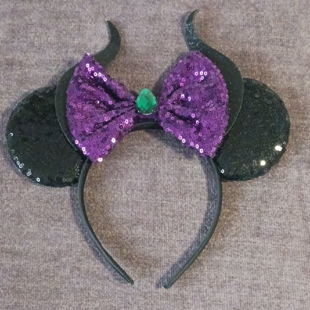 Unbranded Malificent, Sequin Horned Mouse Ear Headband with Purple Bow